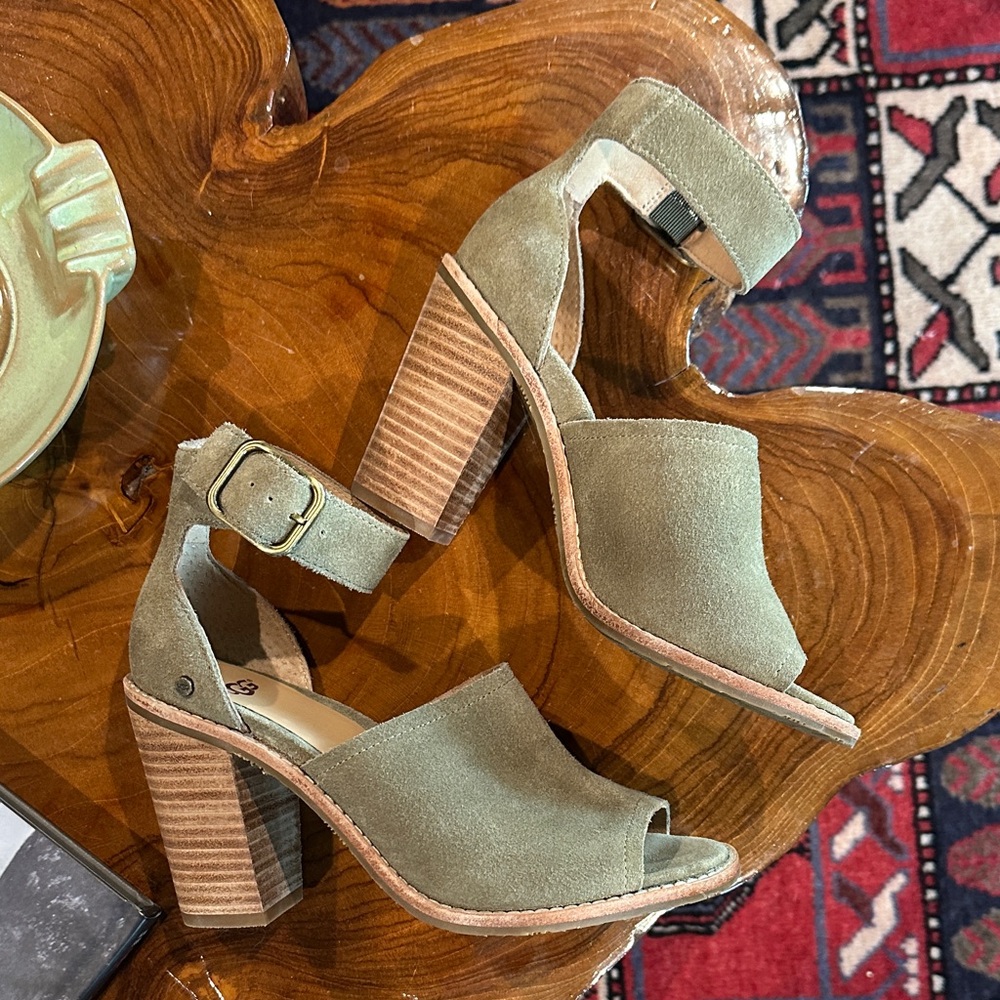 (SOLD) UGG Sage Green Suede Heeled Sandals